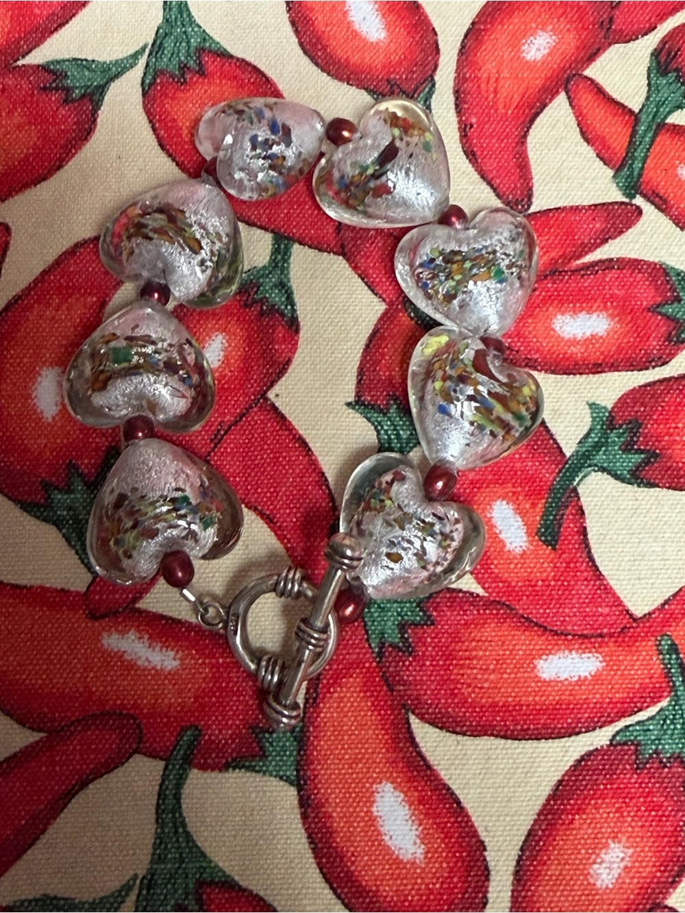 Handcrafted Heart Glass Bead Bracelet - 925 Silver and Multi-Color Glass 8"